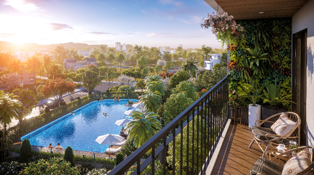 Khu vực lôgia rộng rãi giúp chủ nhân căn hộ thoải mái sáng tạo các không gian trang trí làm tiểu cảnh hoặc làm vườn thư giãn ngắm cảnh trên cao.