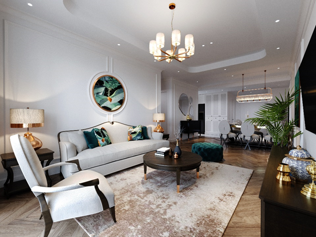 Phòng khách lớn với không gian sinh hoạt chung rộng rãi, giúp chủ nhân thỏa sức tổ chức những bữa tiệc tại gia 