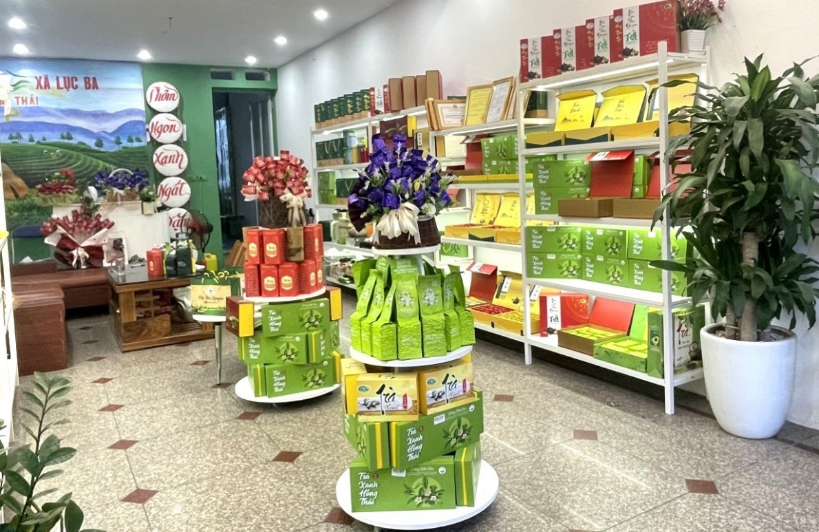 Phòng trưng bày giới thiệu sản phẩm của HTX Chè Hồng Thái do bà Nguyễn Thị Thái làm Giám đốc