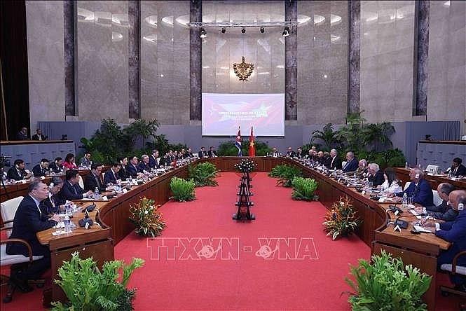 Tổng Bí thư, Chủ tịch nước Tô Lâm hội đàm với Bí thư thứ nhất Đảng Cộng sản Cuba, Chủ tịch Cuba Miguel Diaz Canel Bermudez. Ảnh: Lâm Khánh/TTXVN